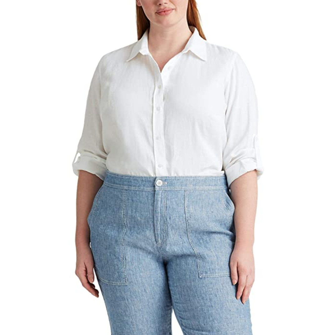 Lauren Ralph Lauren Women Linen Roll Tab Shirt White Plus Size 2X
